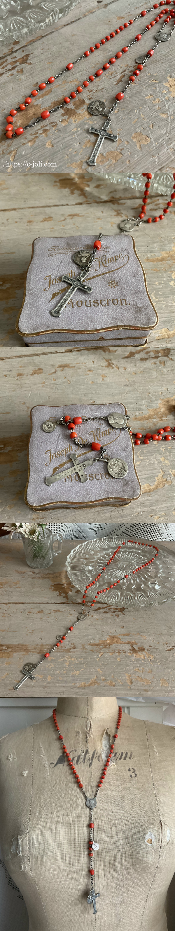 A-026 フランスアンティークロザリオ/クロスネックレス コーラル（珊瑚