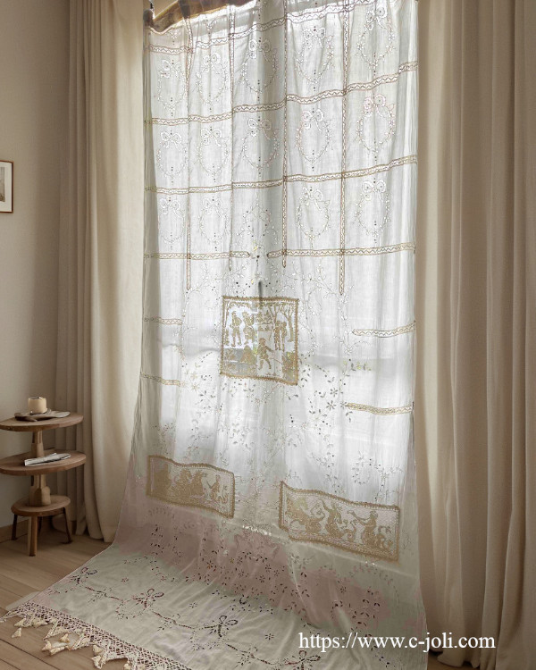 フレンチ コットン アンティーク レースカーテン パリ発送】C1198 フランスアンティークコットンカーテン カットワーク