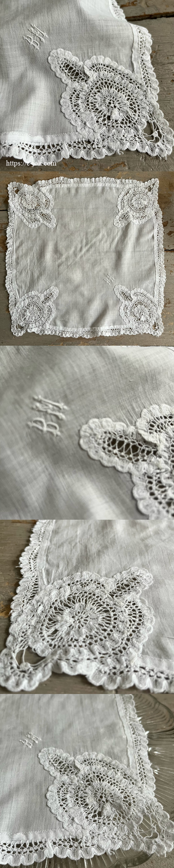 E-554 フランスアンティークレースハンカチ 手刺繍モノグラム E-554 フランスアンティークレースハンカチ 手刺繍モノグラム