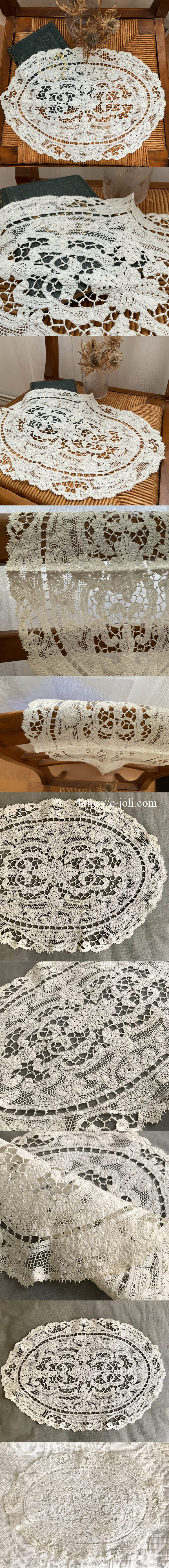 パリ発送】L2572 イタリアアンティークボビンレースクロス 19世紀