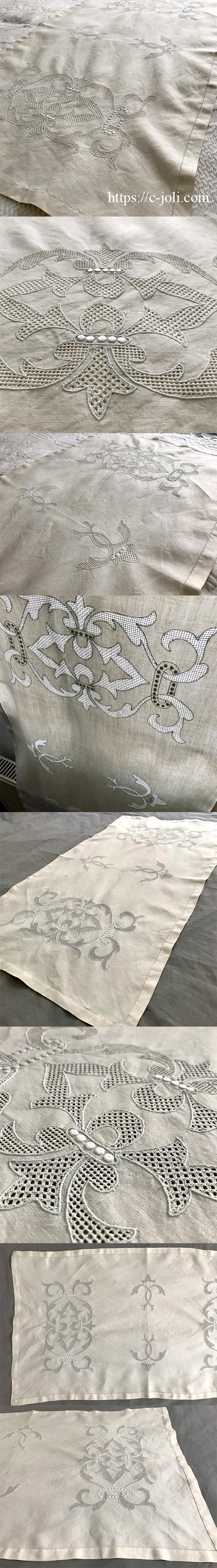 アンティークフランス/イタリア レティシアクローバー刺繍 リネンクロス ランナー アンティークフランス/イタリア レティシアクローバー刺繍